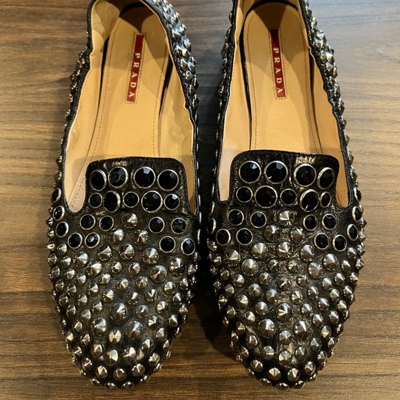 Prada Black Leather Crystal & Studded Embellishment Loafers - Size IT: 38 - Picture 5 of 9